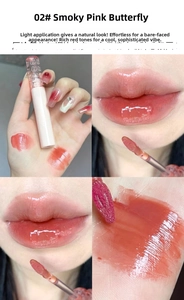 Glossy mirror lip glaze in 02 Smoky Pink Butterfly shade with arm and lip swatches