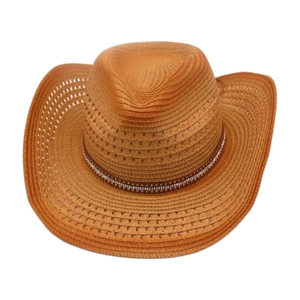 Western Cowboy Straw Hat Bohemian Breathable Hollow Weave Turquoise Bead Decor Wide Brim Sun Protection Summer Beach
