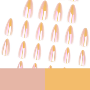Uñas postizas de almendra aurora iridiscente con acabado perlado minimalista