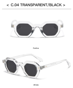 Front and side view of hexagonal transparent frames with black lenses sunglasses