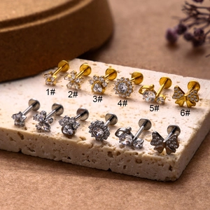 Titanium G23 labret stud set with zircon star flower and butterfly shapes