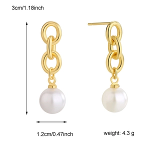 Elegant gold-plated triple hoop drop earrings with white pearls for women 3cm length