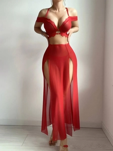 Detail eines roten Dessous-Sets aus transparentem Mesh mit hohem Schlitz und Spitze