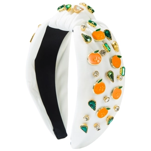 White knotted headband with orange enamel charms and green rhinestones for women