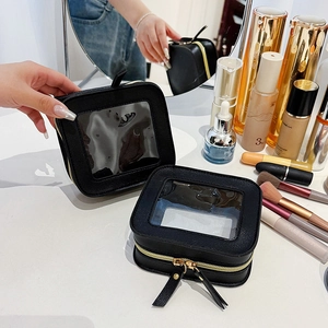 Black clear window cosmetic bag portable makeup organizer PU leather toiletry travel pouch
