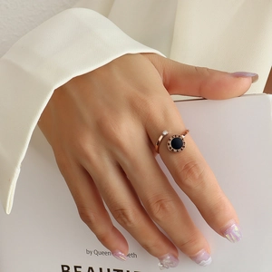Rose gold Roman numeral open ring for women with black inlay and sparkling zircon stone