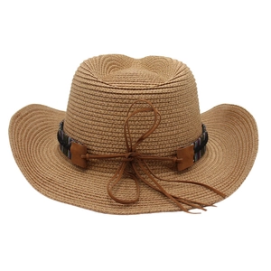 Western straw cowboy hat with ethnic woven band and sun protection wide brim for beach