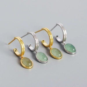 S925 silver C-shaped hoop earrings with green aventurine stone pendants in gold and silver