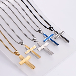 Men's stainless steel cross pendant necklaces in gold silver black and blue finishes
