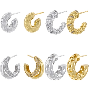 Vintage Brass C-Shape Stud Earrings Hollow Star Spiral Texture Personalized Geometric Earrings With Zircon For Women