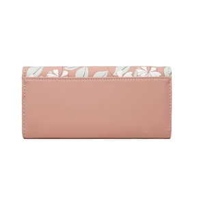 Close-up of pink leather wallet featuring delicate floral patterns and precise stitching