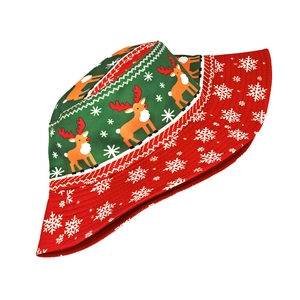 Christmas bucket hat with reindeer and snowflake patterns in festive red and green colors