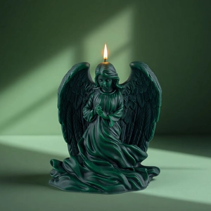 Artistic dark green angel candle with wings, burning against a soft shadow background