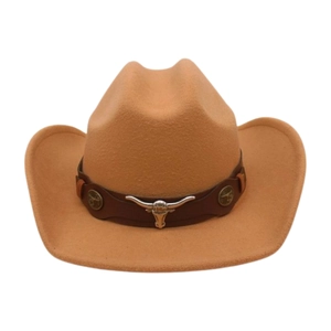 Detail of camel wool felt cowboy hat with silver longhorn skull and leather band