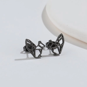 Macro shot of minimalist hollow origami squirrel stud earrings in black stainless steel