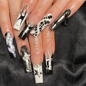Long Coffin Press On Nails Black White Silver French Star Flame Rhinestone Y2K Punk Art False Nails For Women