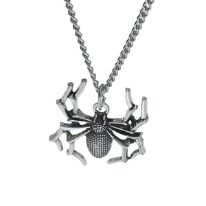 Gothic silver spider pendant necklace with detailed textures on a classic O-link chain