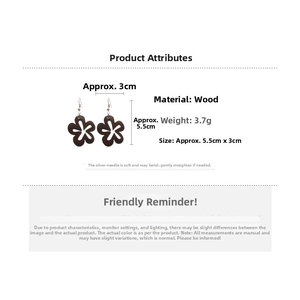 Spécifications des boucles d'oreilles en bois rétro, taille 5,5cm et poids de 3,7g