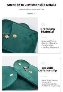 Macro detail of dark green velvet jewelry pouch with secure gold snap closure