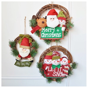 Three Christmas rattan wreaths with plush Santa, Snowman, and Reindeer figures