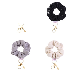 Luxurious velvet rhinestone hair scrunchies with gold keychain in beige, grey and black