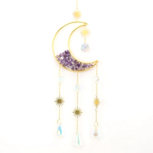 Detail of moon suncatcher with amethyst chips and K9 crystal prisms on golden chain