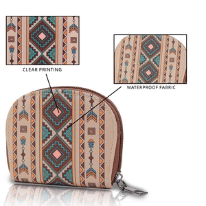 Detail view of ethnic tribal print coin purse with waterproof fabric and clear printing