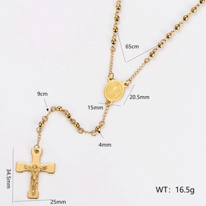 Collier chapelet vintage doré avec perles 4mm, pendentif croix et dimensions claires