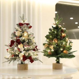Mini tabletop Christmas trees with flocking, ornaments, wood base and warm LED lights