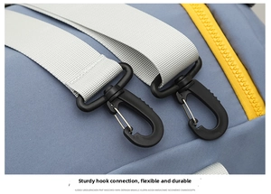Travel duffel bag detail, durable black plastic snap hooks, sturdy grey webbing and yellow zipper.