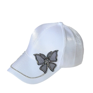 Fashionable white satin baseball cap with rhinestone butterfly embroidery for women