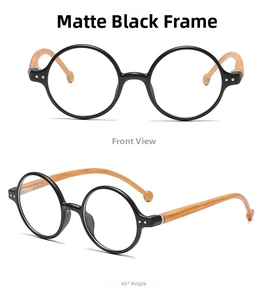 Detailed view of matte black round frames with natural wood texture temples and finish