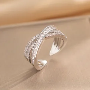 Double-layer minimalist open ring featuring micro-paved zircons and cross design