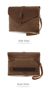 Front and back view of a vintage waterproof canvas clutch bag with leather details