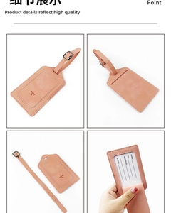 Detail view of pink PU leather luggage tag with adjustable strap and info card