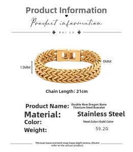 Detail of gold double-row dragon scale steel bracelet with measurements and square clasp