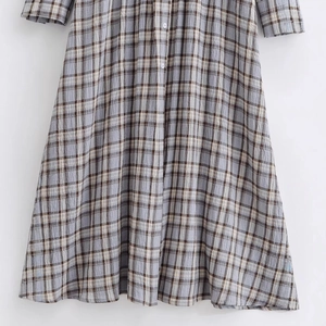 Vintage Midi-Kleid mit Karomuster und Knöpfen in Graublau aus Baumwollmischgewebe