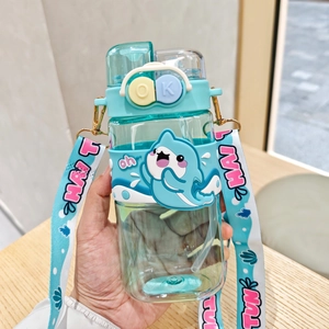 Detail of turquoise cartoon shark water bottle featuring button lid and carrying strap