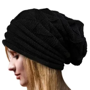 Women's black chunky knit beanie with diamond texture for outdoor winter warmth