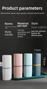 Detail view of portable travel mouthwash cup showing PP+PPS material and 19.5cm height