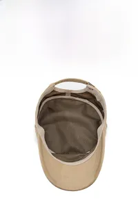 Detail view of khaki military cap showing breathable black mesh lining and canvas fabric