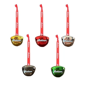 Detailed view of 5 colorful Christmas bells with Believe text and red ribbons