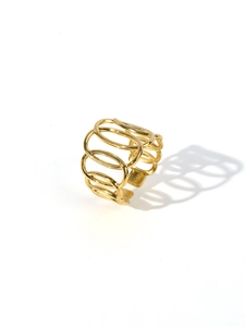 Detailed view of 18k gold plated multi-layer hollow ring with adjustable open design