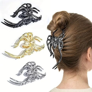 Halloween metal spider hair claw clips in black, gold and silver shown on model