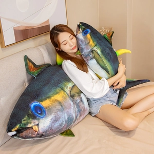 Detailed comparison of two sizes of plush tuna pillows with realistic digital printing