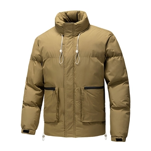 Men's khaki winter parka with stand collar, horizontal quilting and utility pockets