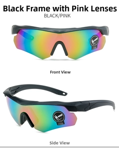 Detailed front and side view of tactical safety goggles with black frame and iridescent lens