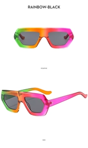 Front and side view of oversized gradient sunglasses with rainbow frames and dark lenses