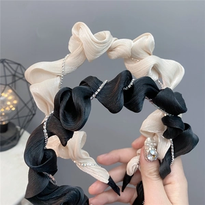 Black and beige ruffled headbands with sparkling rhinestone chains for daily hair styling