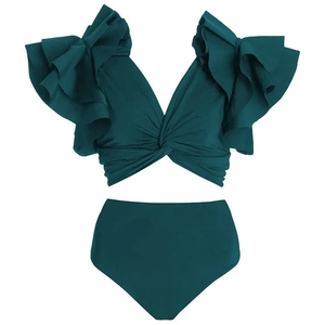 Detail view of dark green high waist bikini set with ruffled V-neck top and sleek bottom
